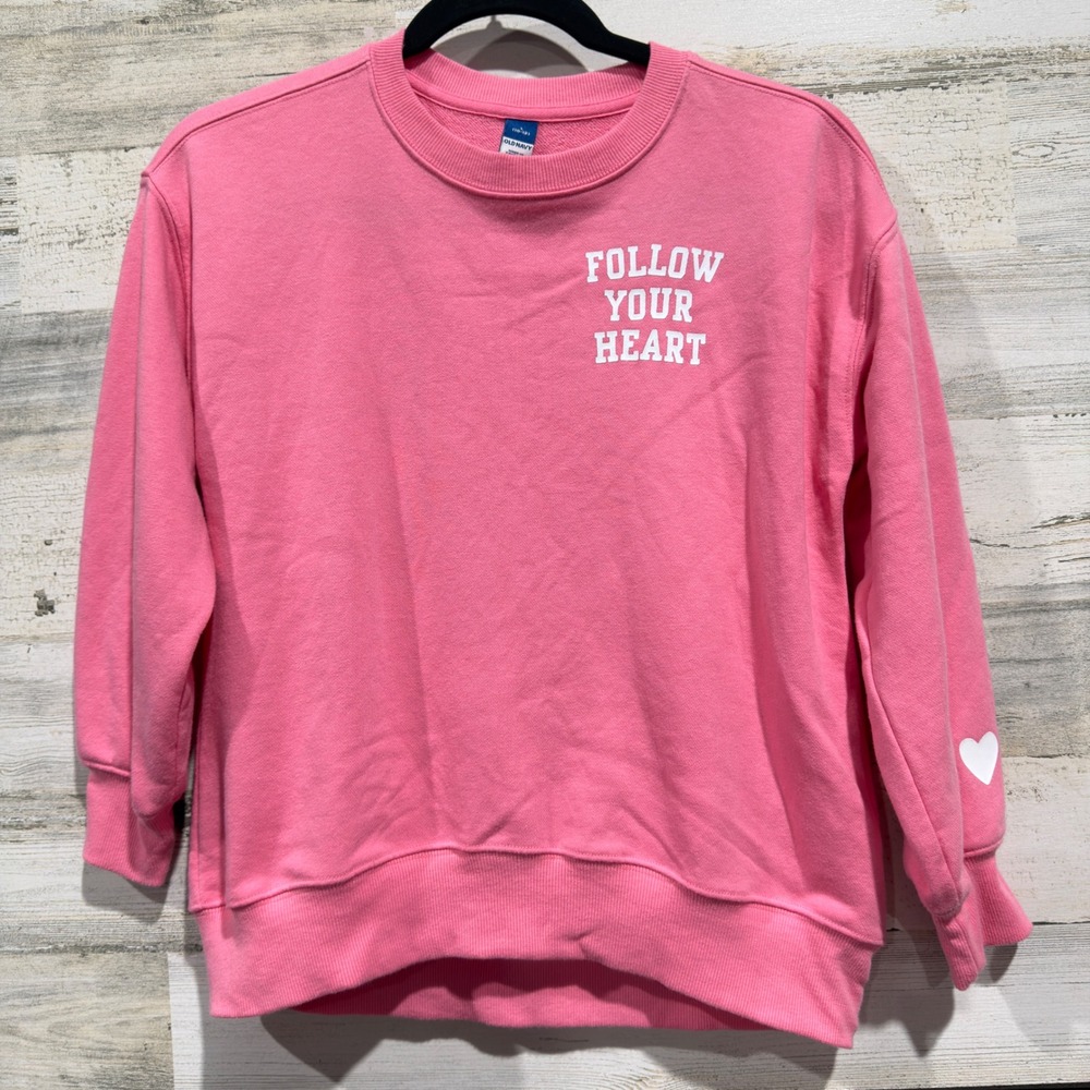 Old Navy Follow Your Heart Sweatshirt Girls L 10-12 Pink Cotton Blend Preppy